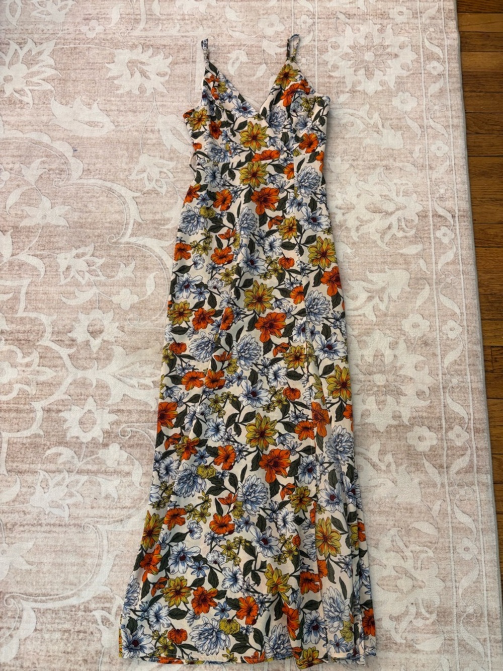 Floral Spaghetti-Strap Maxi Dress in Ivory with Orange & Yellow Blooms Size S